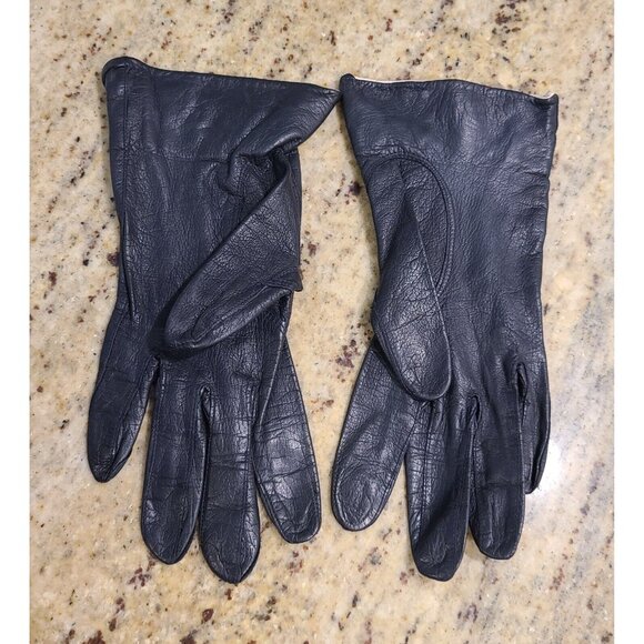 Vintage Size S Blue Leather 8" Gloves Nautical Look Fold over Wrist - Picture 6 of 13
